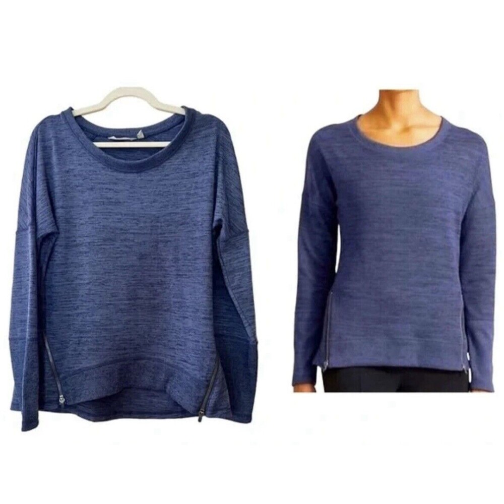 Athleta Women Blissful Sharkbite Heather Blue Top Zipper Hem Athleisure Size S